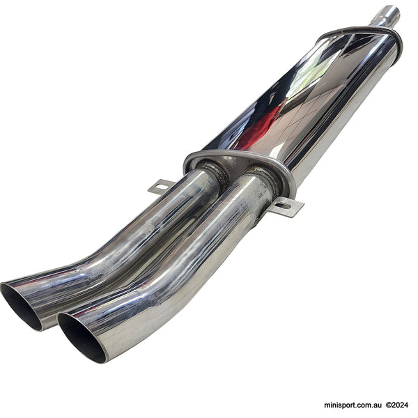 thumbnail interactive-video image 1 of DTM Dual Slant Tip Black Stainless Steel Exhaust Muffler - 2.5 Inch Inlet - 3 Outlet 1 of 4