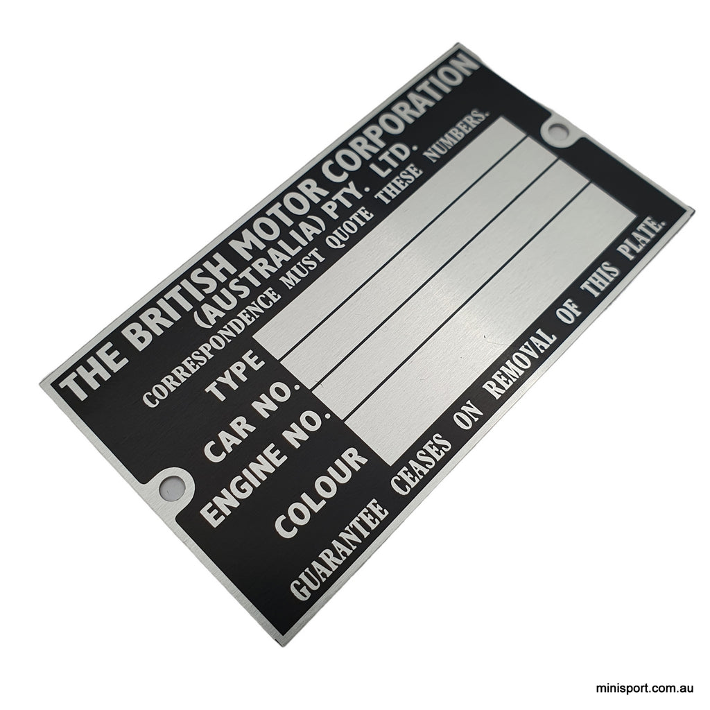 MINI ID PLATE BRITISH MOTOR CORPORATION (AUSTRALIA) Minisport
