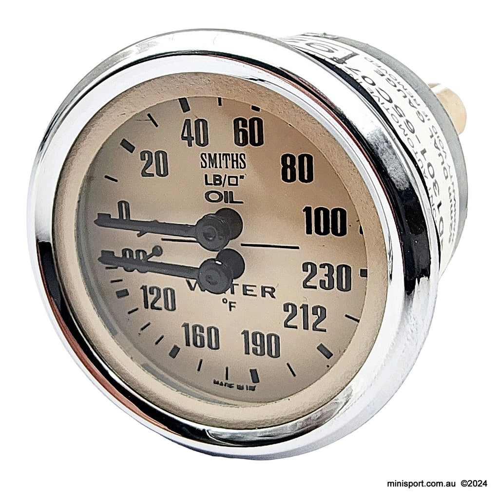 thumbnail image 2 of Smiths Dual Water/Oil Gauge For Austin Healey 100-6 & 3000 – Magnolia Face (New) 2 of 4