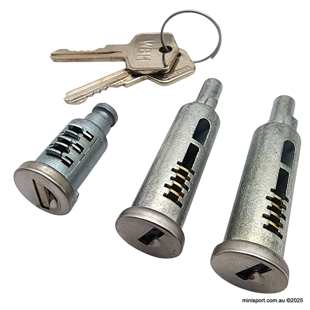 MINI ROVER DOOR BARRELL LOCK SET OF 3- PUSH BUTTON TYPE- BARRELSET ...