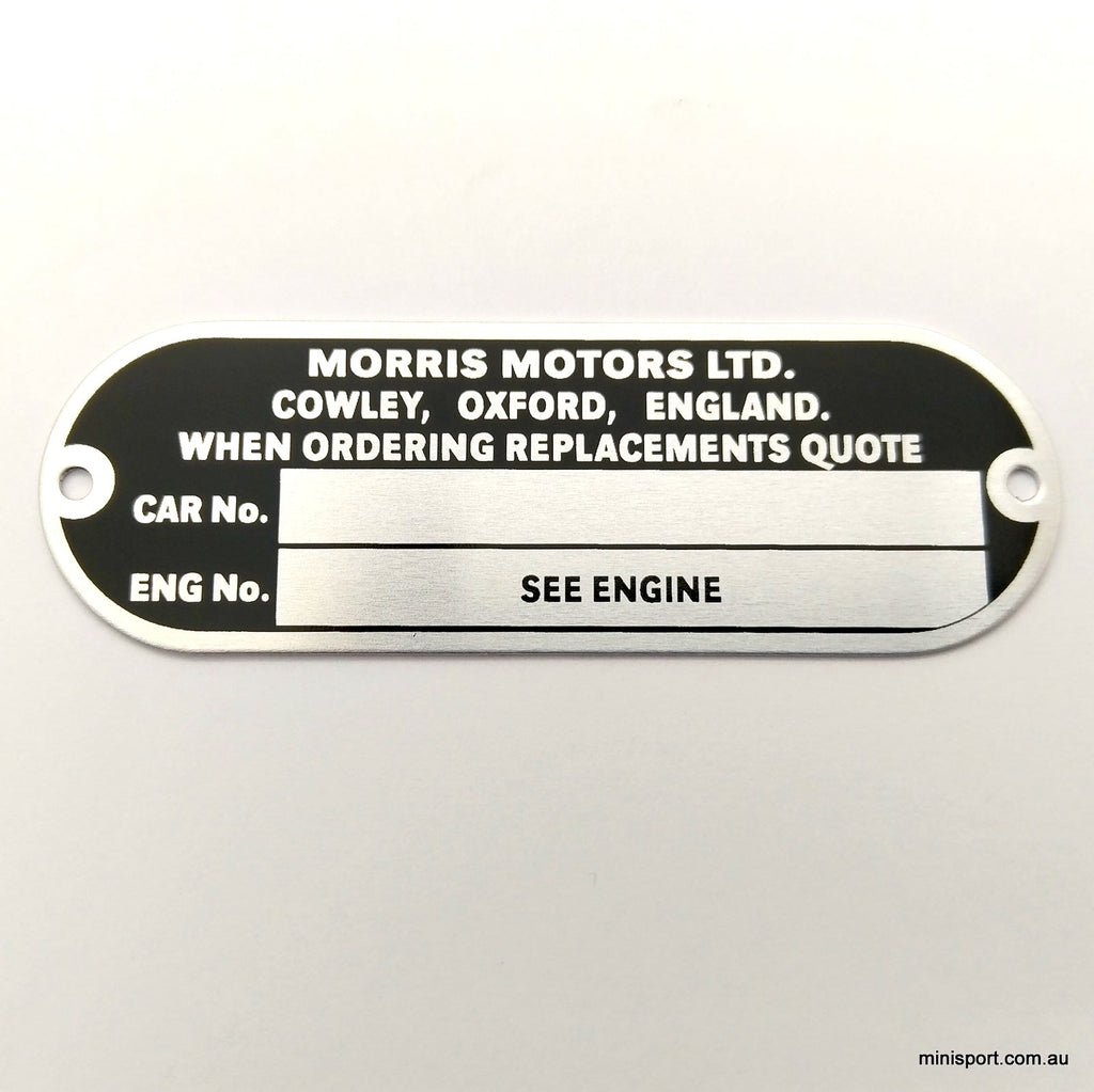 Morris motors LTD. chassis ID plate (english)- steel – Minisport